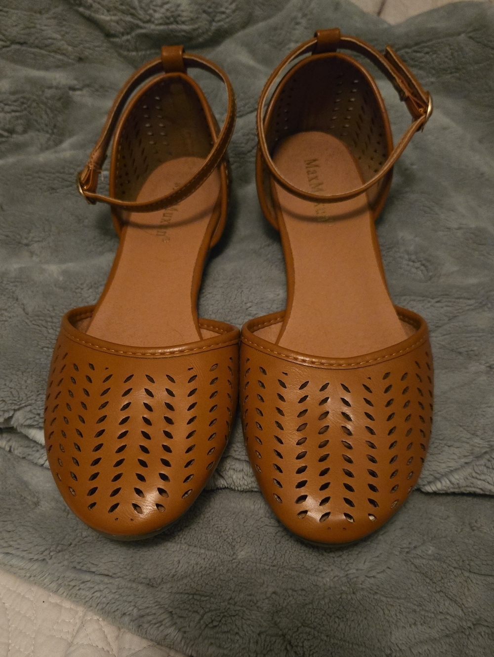 Perforated Ankle-Strap Flats in Tan